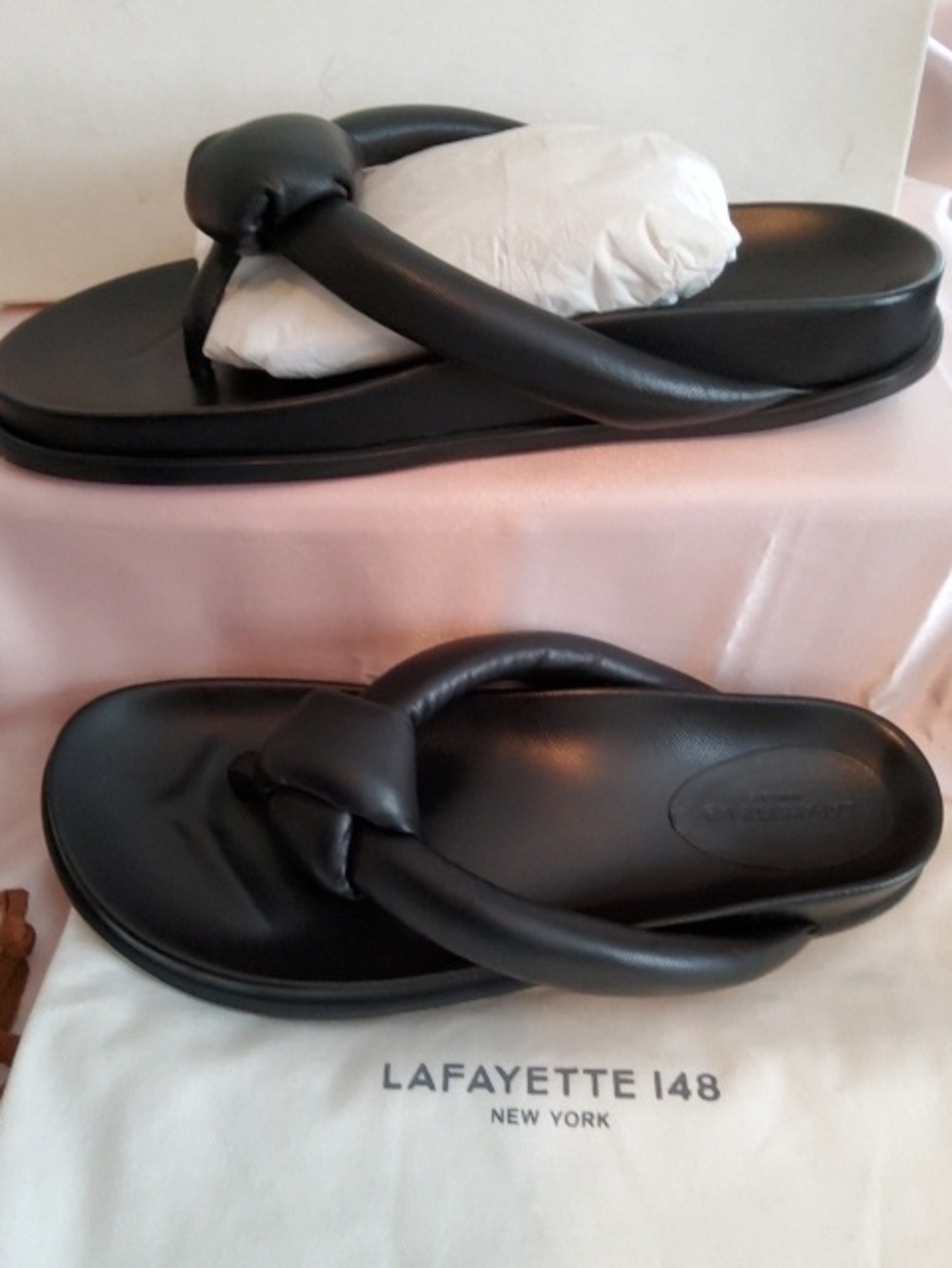 Lafayette 148 New York Black Padded Leather Knot Thong Sandals